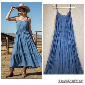 Inner Circle chambray denim maxi dress L full swing tiered skirt pockets cowgirl